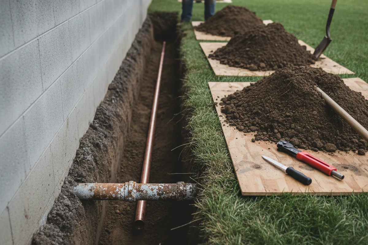 Excavated water line trench during Water Heater Repair in Piscataway